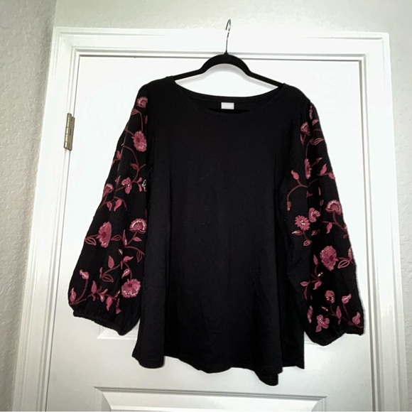 Chico’s Embroidered Floral Print Statement Bloussant Sleeve Blouse Shirt Top - Picture 4 of 9